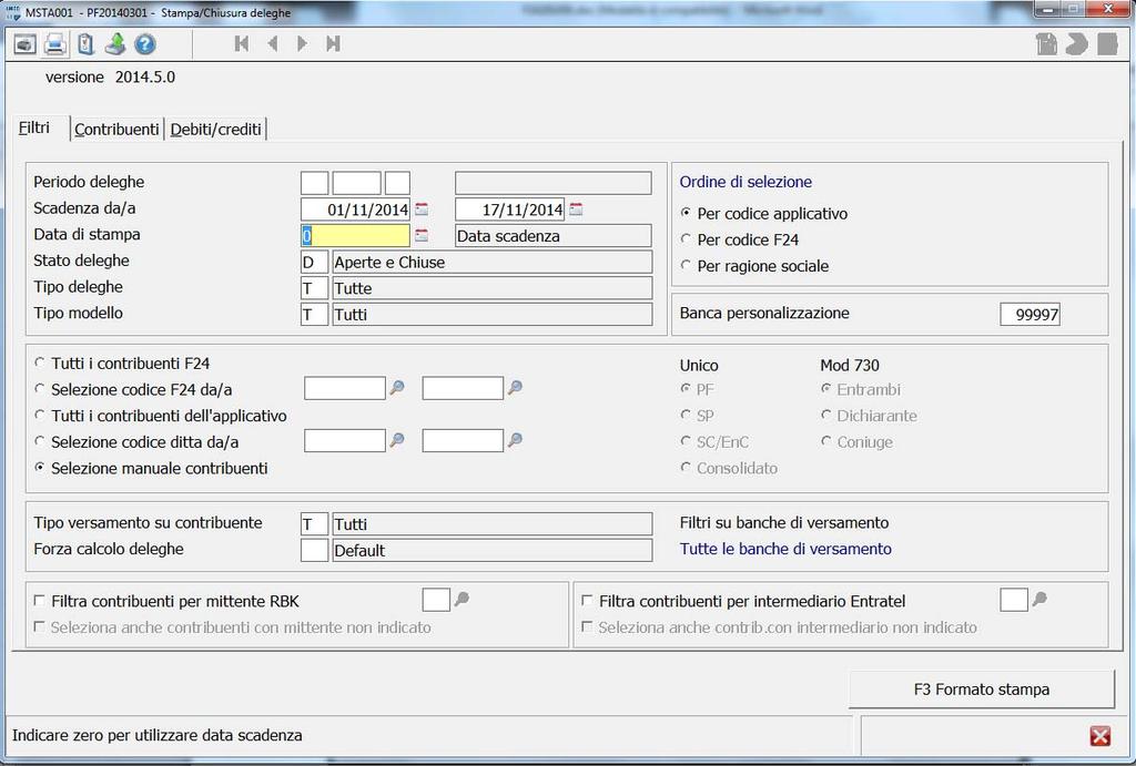 Selezione per Date scadenza Coloro che invece desiderano selezionare i tributi per Scadenza, oltre ad avere attivato in Tabella di Personalizzazione il flag Genera deleghe per scadenza, debbono