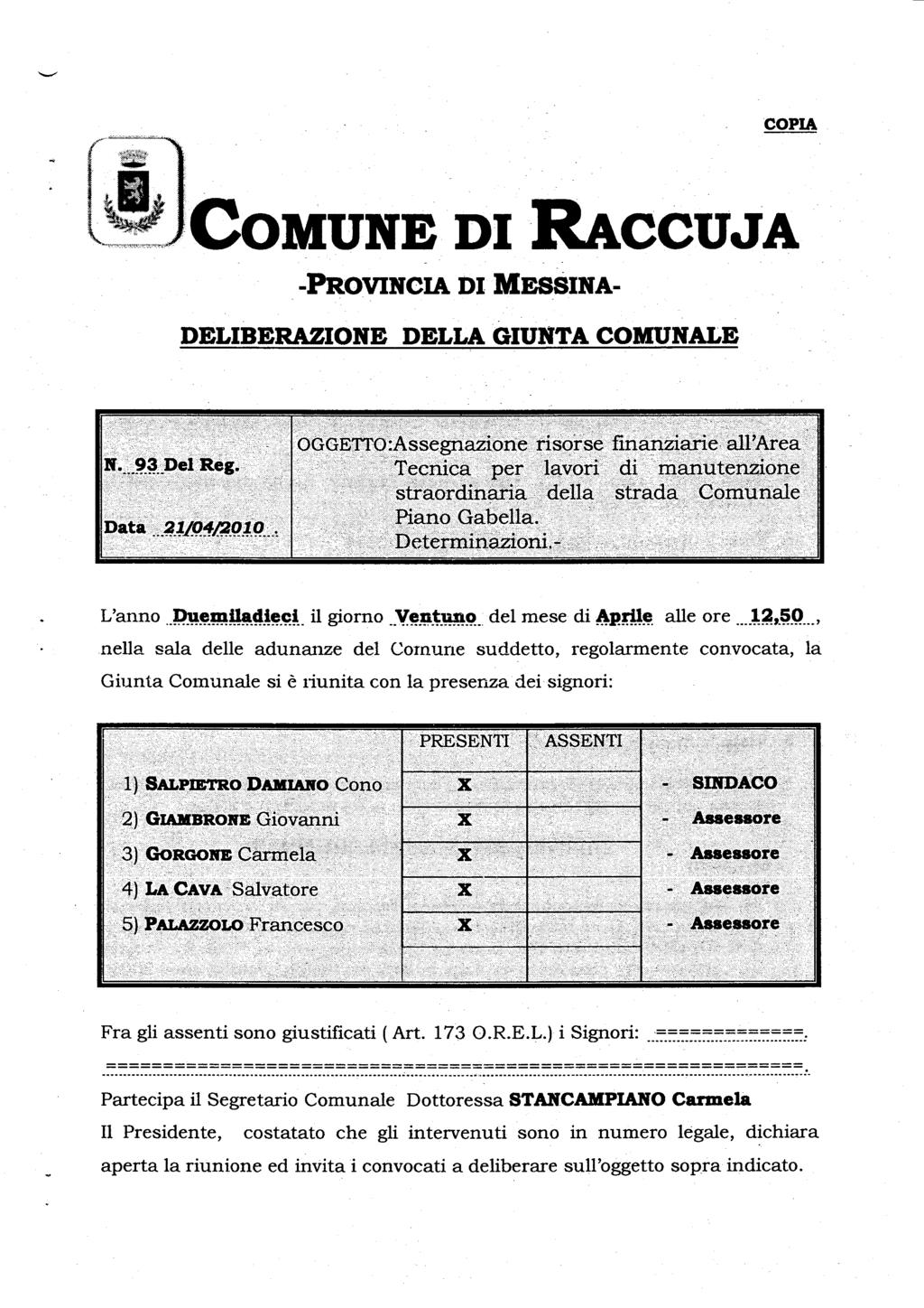 COPIA C V COMUNE DI RACCUJA -PROVINCIA DI MESSINA- DELIBERAZIONE DELLA GIUNTA COMUNALE N...93 Del Reg. Data.