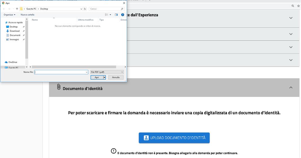 Prima di procedere alla seconda fase della compilazione della domanda PEO è necessario che venga caricato in piattaforma un documento