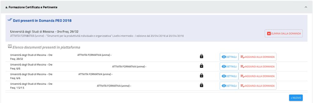 Il punto a) fa riferimento alla Formazione Certificata e Pertinente. L utente visualizza i dati in possesso dell Amministrazione nella tabella Elenco documenti presenti in piattaforma.