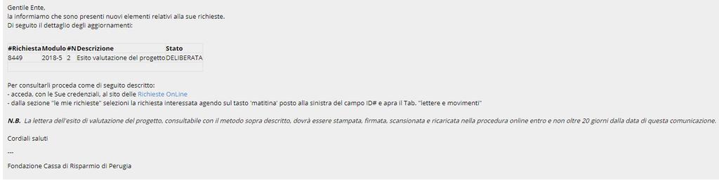 Esempio di comunicazione email di richiesta «deliberata»: Ricevuta questa email, l ente beneficiario dovrà accedere alla propria area riservata, entrare nella sezione