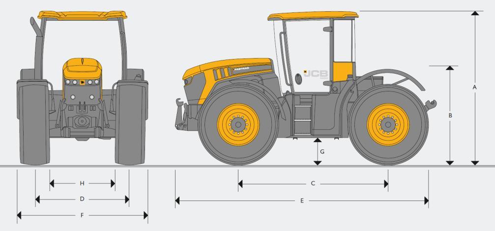 TRATTRICE AGRICOLA FASTRAC JCB 4220 4WS FL A Altezza filo cabina m 3,00 B Altezza al pianale m 1,67 C Passo m 2,98 E Lunghezza totale m 5,4 F Larghezza massima m 2,55 G