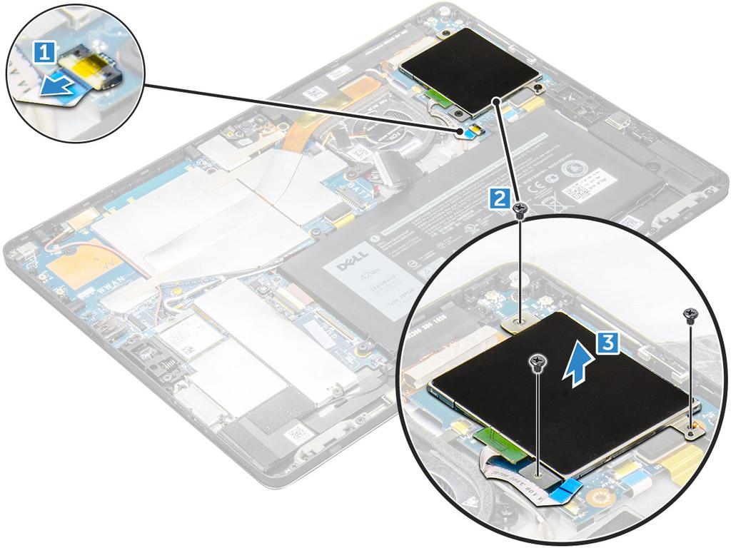 b N.B.: Lo slot della scheda usim è disponibile solo sui tablet dotati di modulo WWAN. schermo 3 Per scollegare i cavi: a Scollegare il cavo della smart card dalla relativa gabbia [1].