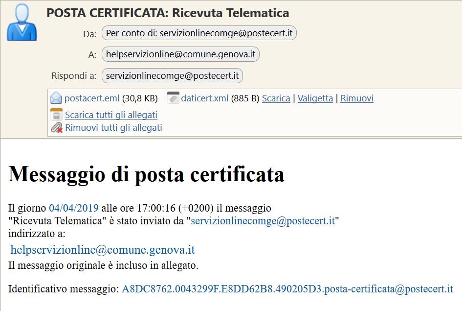 Ricezione e-mail di conferma - Ricevuta Telematica La mail presenta l oggetto "POSTA CERTIFICATA: Ricevuta Telematica" La mail contiene due allegati: postacert.