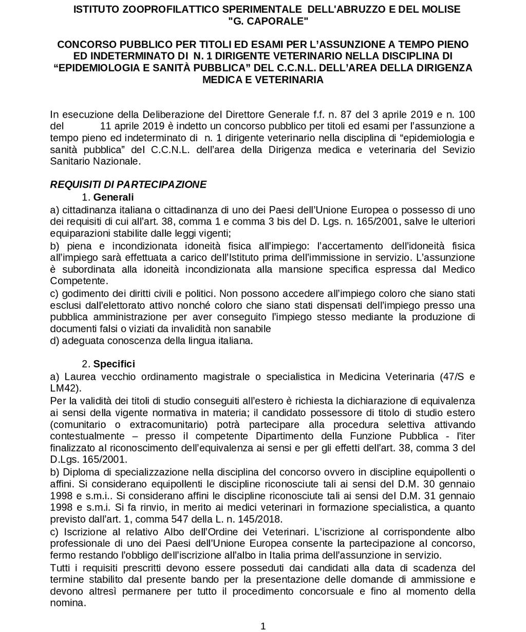 Pag. 56 Bollettino Ufficiale della Regione Abruzzo Anno XLIX - N. 76 Speciale (10.05.2019) ISTITUTO ZOOPROFILATTICO SPERIMENTALE DELL ABRUZZO E DEL MOLISE G.