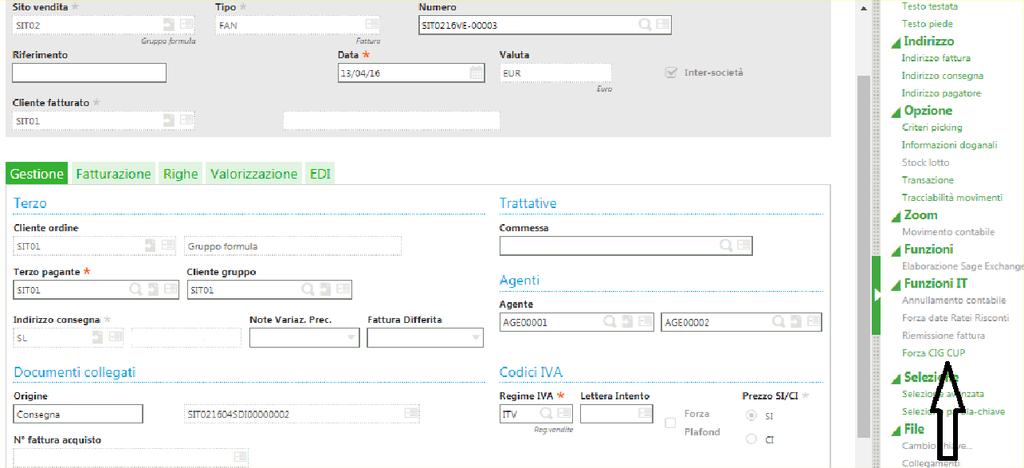 Forzatura CIG E CUP su fatture di vendita Per consentire di indicare un riferimento ordine e un CIG e CUP direttamente su una fattura/nota credito è stata messa a disposizione una funzionalità