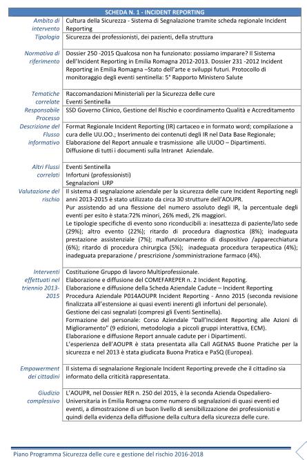 Ambito di intervento: il processo su cui si interviene per promuovere la sicurezza delle cure Tipologia: la tipologia di sicurezza che si intende promuovere: sicurezza dei pazienti, dei