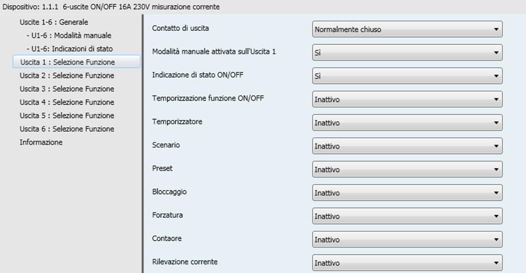 3.6 Selezione la funzione La seguente finestra delle impostazioni permette di settare le impostazioni relative alle uscite del dispositivo.