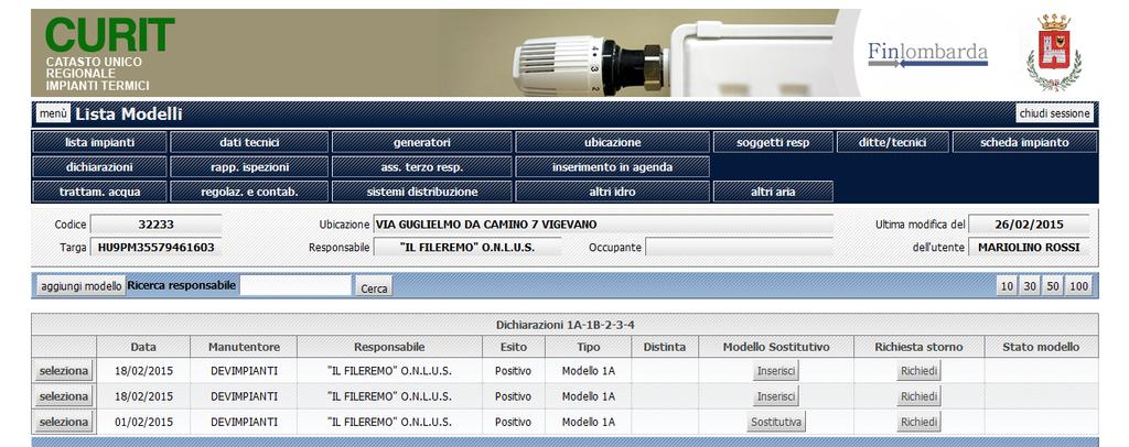 Per inserire un rapporto di controllo sostitutivo occorre dalla [Lista dichiarazioni]: selezionare la funzione [Inserisci] a fianco del rapporto di controllo tecnico errato; compilare i dati