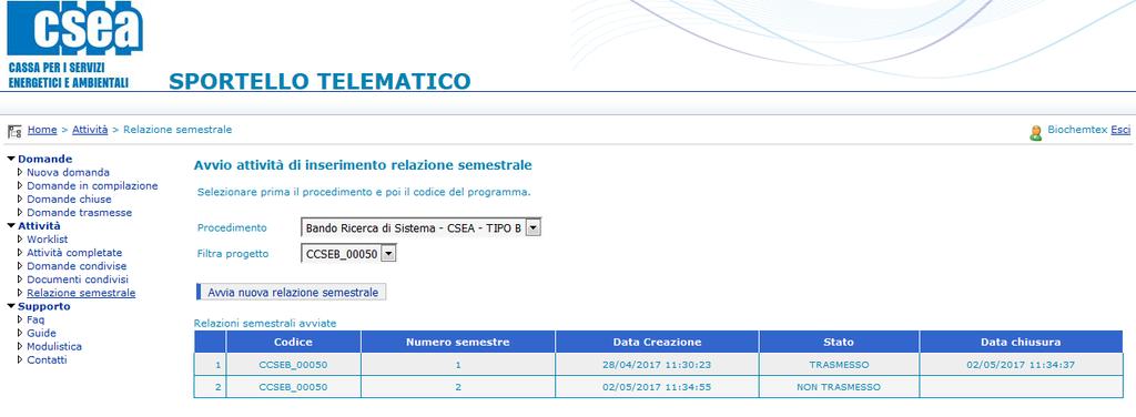 Login Effettuando il login, si accede alla pagina che contiene le attività da eseguire assegnate all utente in sessione. Cliccare su Relazione semestrale nel menu di sinistra.