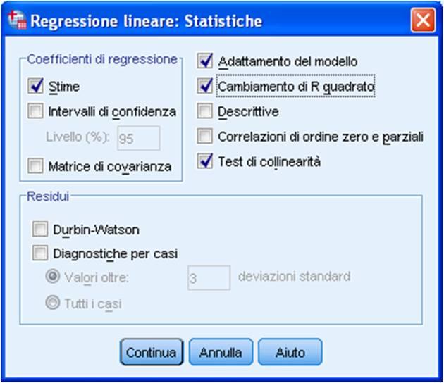 Uso del software La Tolleranza *100 è la percentuale della varianza di un dato regressore che non può essere spiegato dall altro regressore.