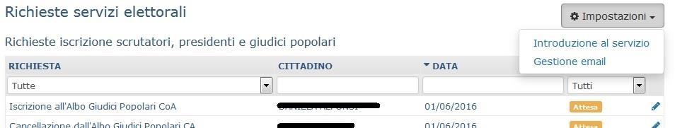 Per salvare le modifiche cliccare sul bottone Salva Configurazione Accedere in Intranet Cittadino Richieste servizi elettorali cliccando sul bottone Impostazioni l operatore può effettuare le