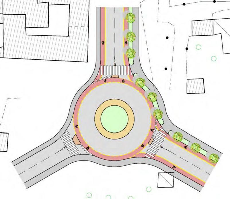 Rotatorie Esempio di inserimento di una pista ciclabile monodirezionale in una rotatoria con diametro di 28 metri: la corsia ciclabile può essere riportata direttamente in corona, senza tuttavia