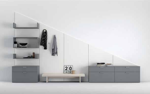 Cover system in bianco finish, Cover Up and Cover Down shelves, floorstanding base units with top and A68 handles in cemento finish, bed end bench and clothes hanger knobs in olmo shade