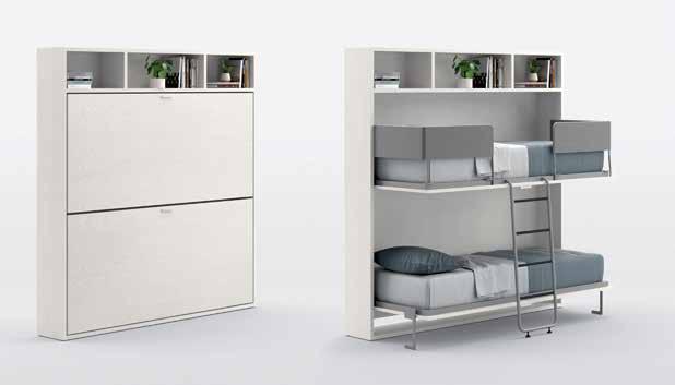 Bed with horizontal drop-down mechanism - bottom section In frassino juta finish with bookcase and A68 handle in bianco finish.