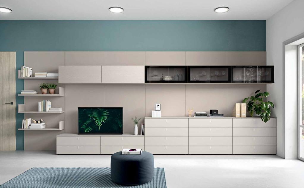 ARRANGEMENTS L7 living rooms A sistema Cover, mensole Elle, pensili, basi a terra con top Cover