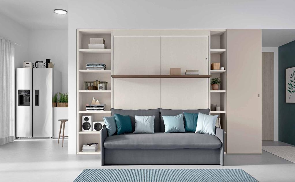 ARRANGEMENTS L7 living rooms B libreria a terra, letto con meccanismo ribaltabile con mensola e divano