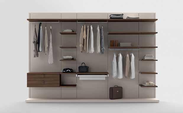 Slotted rail walk-in closet with shelves, drawer units and plinth in olmo nordico finish, A72 handles in