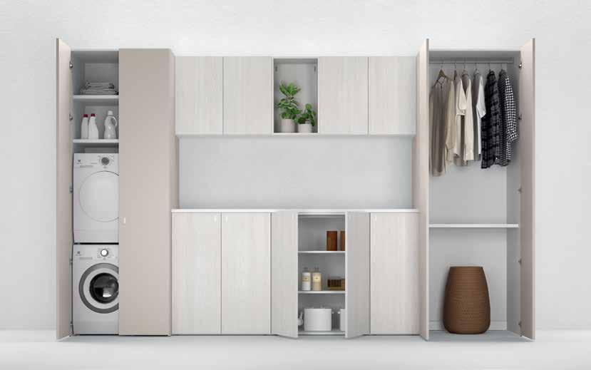 ARRANGEMENTS U2 utility rooms KEY PRODUCT U2.1 U2.2 Armadi Service ante battenti in finitura cashmere, basi a terra con ante battenti in finitura olmo shade, maniglie A28 e top in finitura bianco.