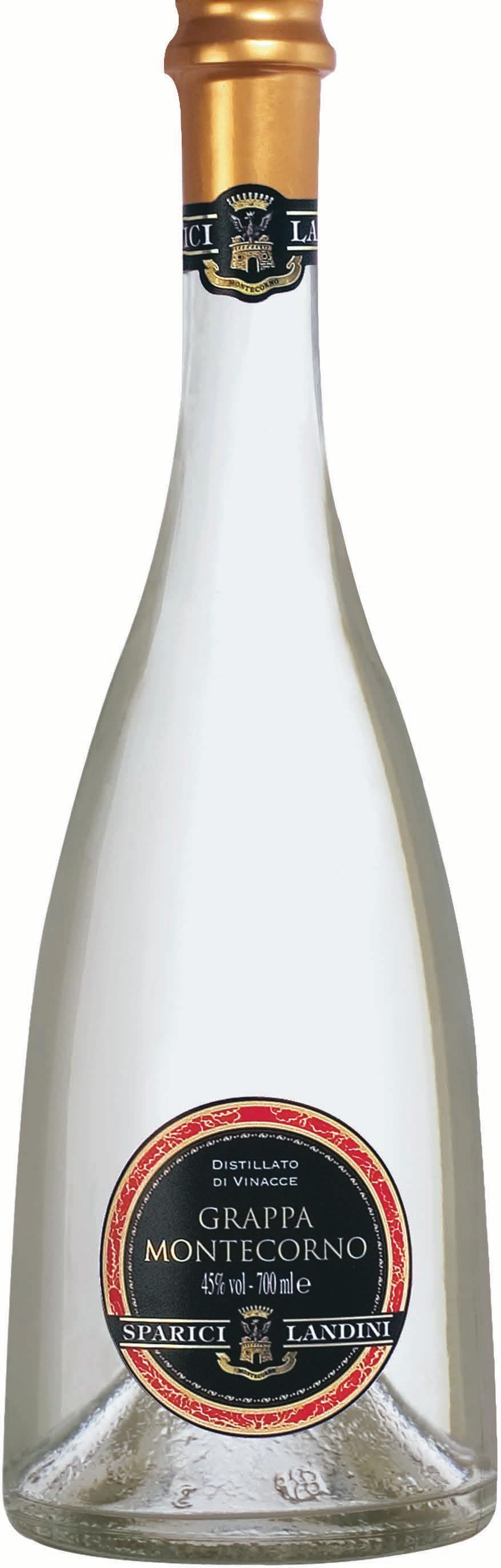 GRAPPA MONTECORNO CAPACITÀ: 700 ml GRADAZIONE ALCOLICA: 45% VINACCE: prodotta esclusivamente con le nostre vinacce. ASPETTO: incolore, limpido e cristallino.