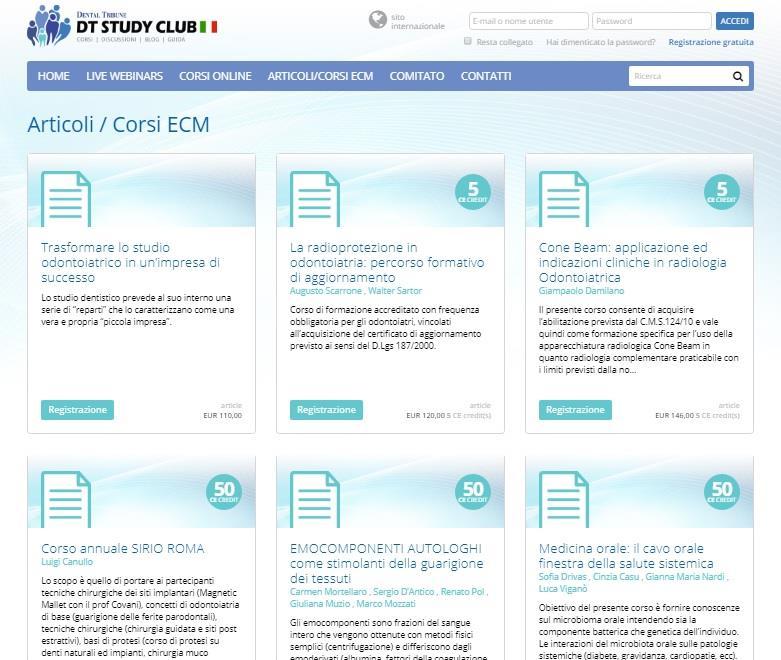 5) Effettuata la registrazione, dalla home page clicchi su ARTICOLI/CORSI ECM nel menù in alto e poi sul