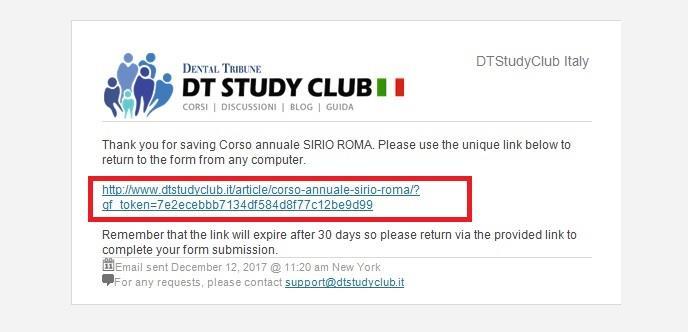 3. Andando sull account di posta che ha inserito nello step precedente, troverà una email proveniente da support@dtstudyclub.