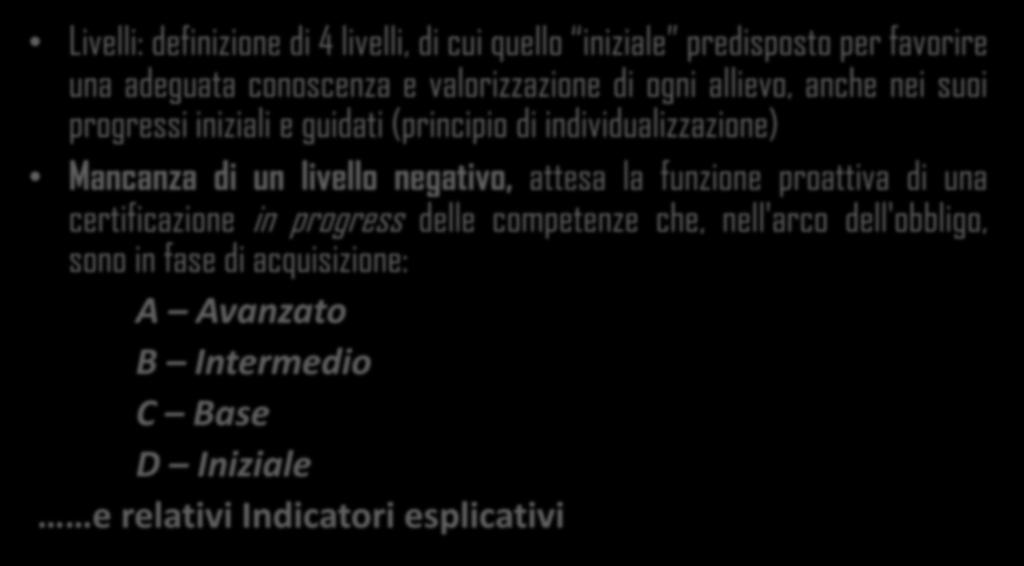 Quattro livelli Livelli: definizione di 4 livelli, di cui quello iniziale predisposto per favorire una adeguata