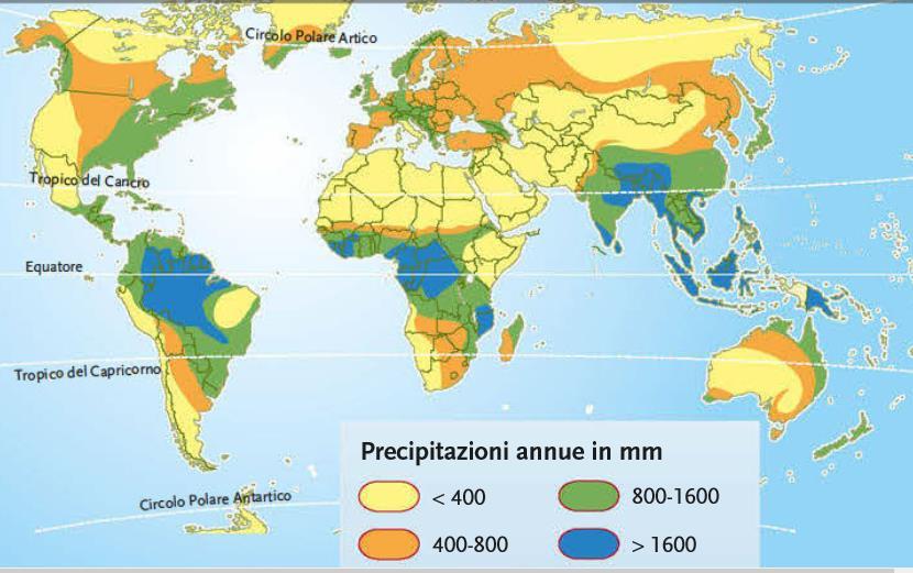 La distribuzione delle precipitazioni Le precipitazioni sono intense nelle aree equatoriali, abbondanti alle medie latitudini, variabili nelle