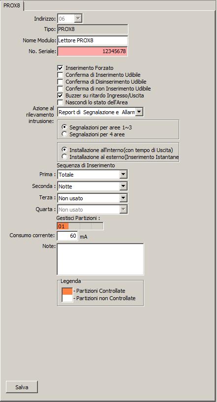 aree/partizioni inserite) che la modalità di Inserimento (Totale, Parziale, Notturno,Ferie).