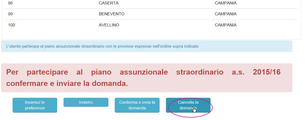 4.2.2 cancellazione della domanda Dopo aver inserito o confermato la domanda è possibile rientrare e cancellarla.