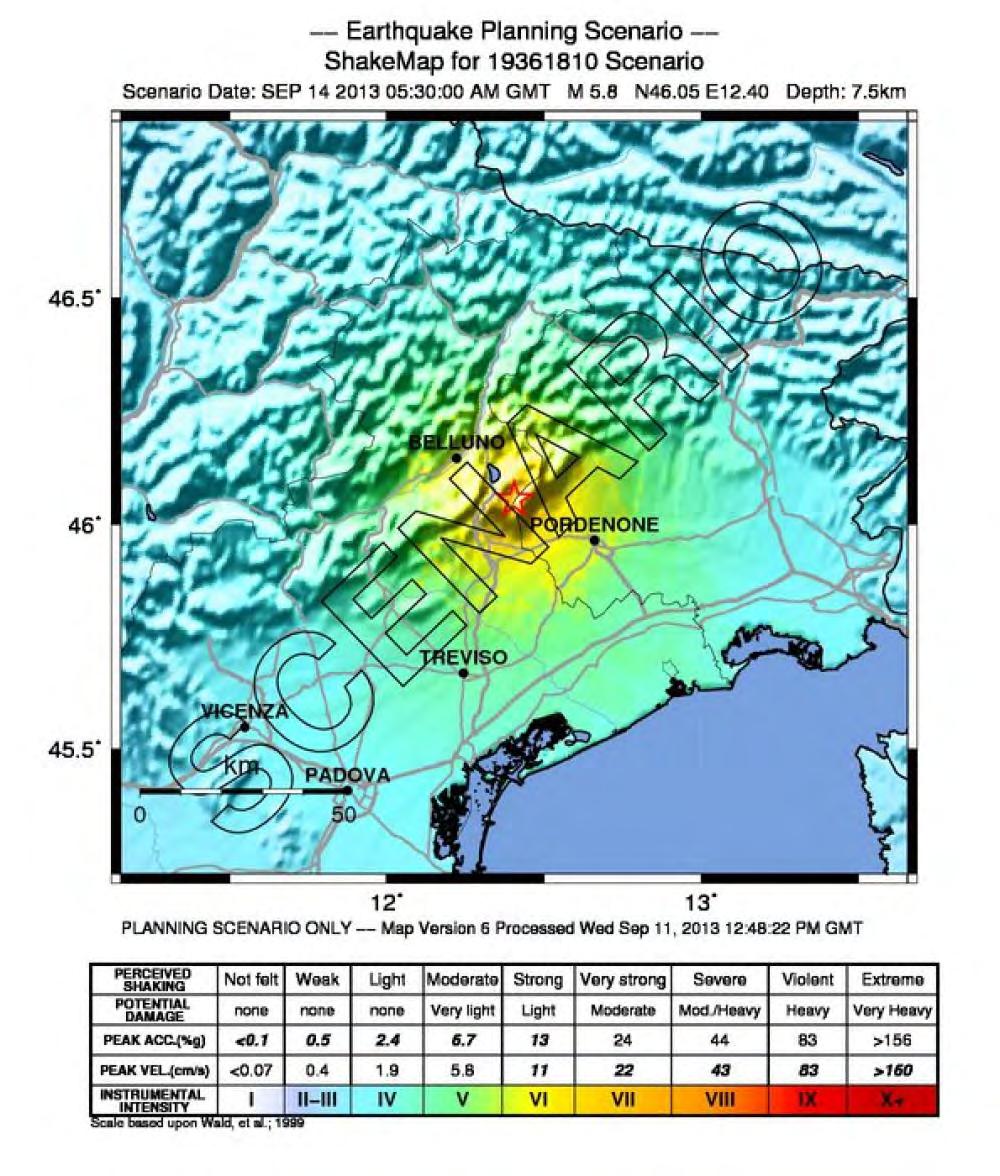 ESERCITAZIONE NORD-EST 2013 Mappe di scuotimento Le mappe mostrano i risultati dell'elaborazione denominata ShakeMap per la stima dei parametri di