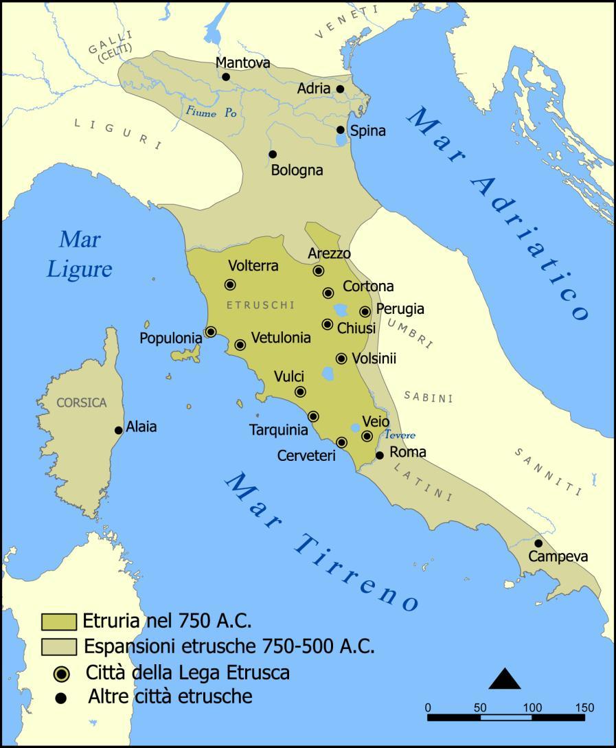 Il territorio etrusco La civiltà etrusca fiorisce a partire dal IX secolo a.c., tra la costa Tirrenica e i fiumi Arno e Tevere. Fra il VII e V sec.