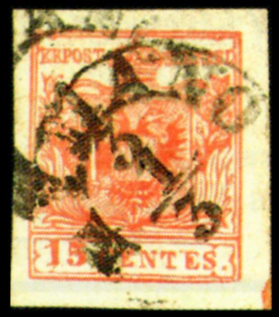 Imitazioni di Milano 15 c. rosso (o rosa) vermiglio (due tipi) Prima data conosciuta dicembre 1857.