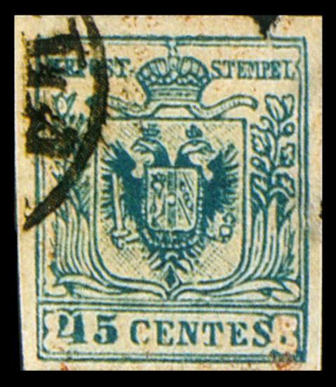 45 c. azzurro (sei tipi) Prima data conosciuta ottobre 1857 I tipo II tipo III tipo Nel primo tipo, i nastri della