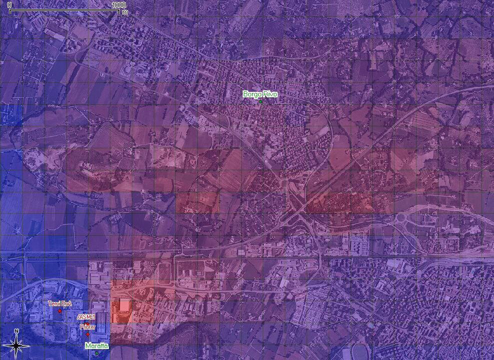 Concentrazione al suolo di polveri sospese totali (PST) sovrapposta all ortofotocarta dell area di Maratta nel Comune di Terni.