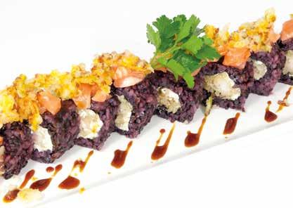 philadelphia con sopra salmone scottato, salsa teriyaki 077 BLACK FLOWER / Riso venere con tempura di gamberi,