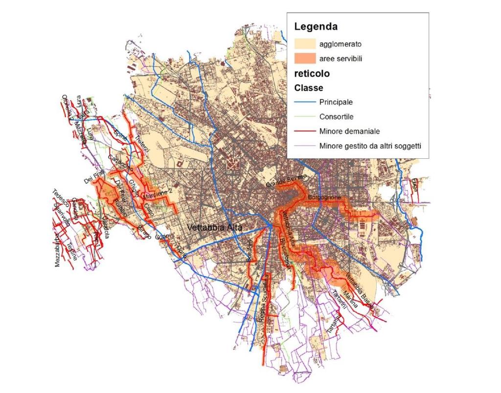 LA POTENZIALITA DEL RETICOLO IDRICO - Identificazione corsi d acqua di maggior potenziale (continuità di percorso con recapito irriguo, zone densamente urbanizzate, buono stato di conservazione,