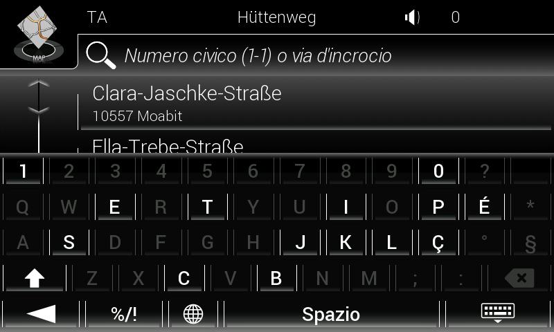 c. Toccare l'indirizzo selezionato per completare la ricerca dell'indirizzo. 7. Viene visualizzata la mappa a schermo intero con il punto selezionato al centro.