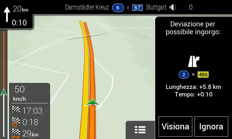 4.1.9.1 Deviazione per congestione in autostrada Zenec Navigation può offrire una deviazione quando si è costretti a rallentare in autostrada a causa del traffico.