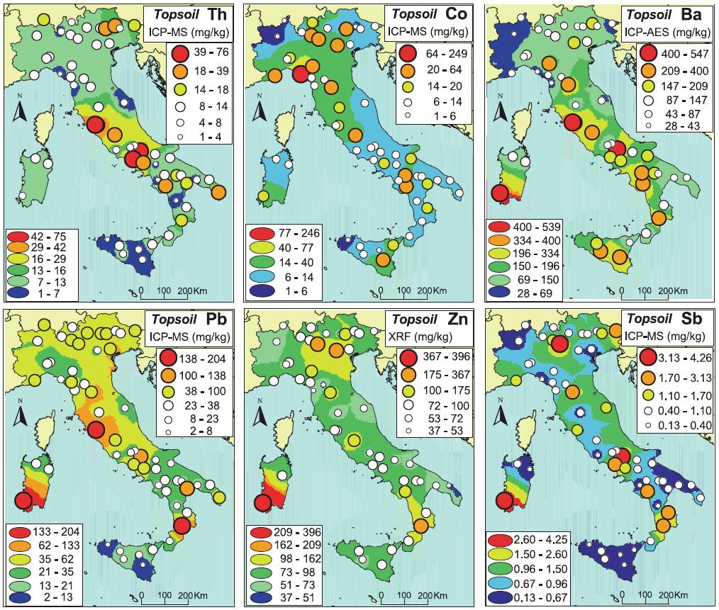 I. Introduzione 13 Figura 1.4. Carte geochimiche a scala nazionale della distribuzione delle concentrazioni di Th, Co, Ba, Pb, Zn e Sb nei suoli italiani. (De Vivo et al., 2008b).