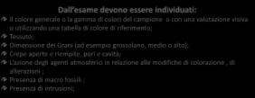 Dall esame devono essere individuati: Il colore generale o la gamma di colori del campione o con una valutazione visiva o utilizzando una tabella di