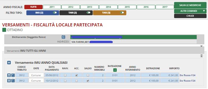 Selezionando gli altri pulsanti è inoltre possibile visualizzare e consultare, nella stessa pagina web, anche i versamenti degli altri tributi