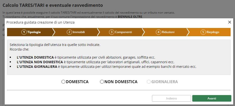 Dopo avere selezionato il tipo di utenza domestica o non domestica passare alla maschera successiva premendo il pulsante avanti.