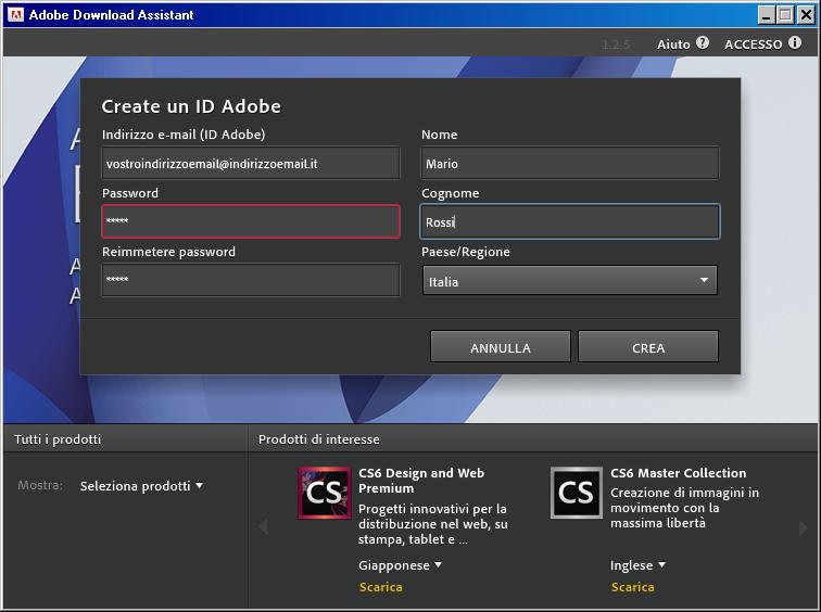 7) Eseguire il software Adobe Download Assistant e Cliccare su Create un ID Adobe (se non siete già in possesso di un account Adobe): 8)