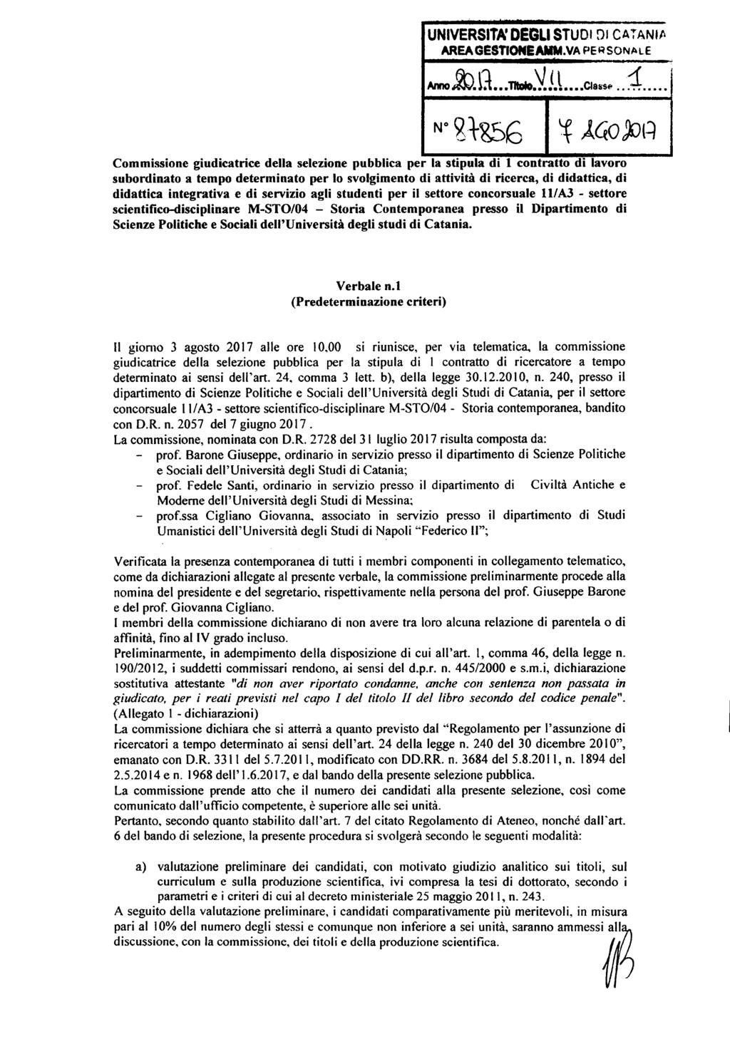 UNIVERSITA' DEGLI STUDI DI CAiANlfI AREAGESTIONEAMM.VA PERSONALE Anno ~. ~1... TItaIoJ..U... ~assj> 1... N ~t856 t Al(O~l~.