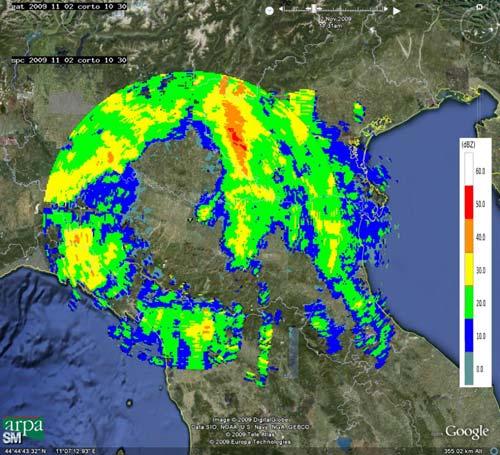 Alle 09:30 UTC si sviluppa un nuovo sistema sulle province di Bologna e Ferrara che si intensifica nelle ore successive e che si muove verso est generando piogge sulla parte più orientale della