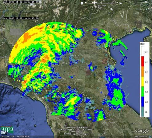 Mappe di riflettività del 02/11/2009 alle 15:00 UTC