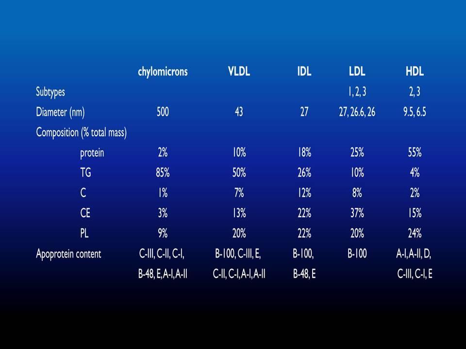 Caratteristiche delle lipoproteine plasmatiche Funzione principale Trasporto trigliceridi esogeni Trasporto trigliceridi endogeni Trasporto trigliceridi