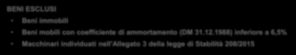 1988) inferiore a 6,5% Macchinari individuati nell Allegato 3 della legge di Stabilità 208/2015 Costo = 10.