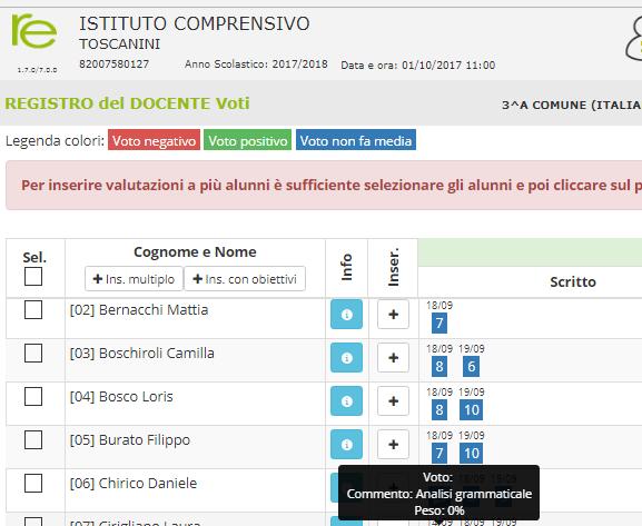 del docente appariranno tutte le valutazioni inserite precedentemente.